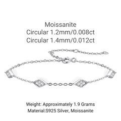 Silver circular chain bracelet with three diamond-shaped Moissanite settings, shown on a white background with text detailing specifications: 'Moissanite Circular 1.2mm/0.