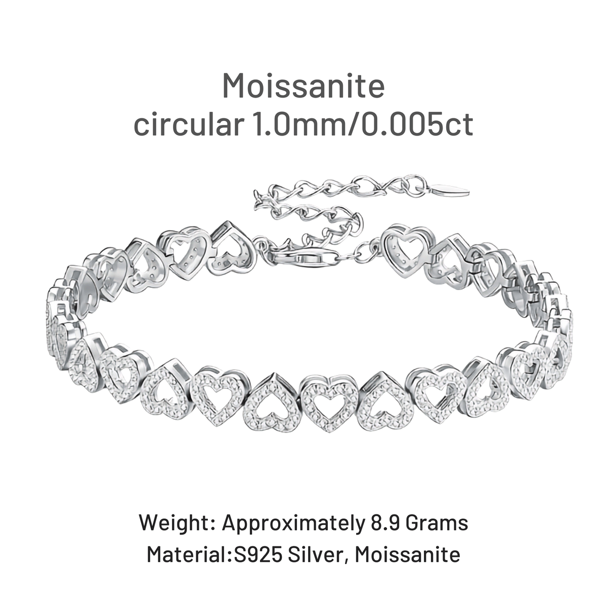 Silver heart-link bracelet with moissanite stones, shown on a white background with text specifying circular 1.0mm size, 8.