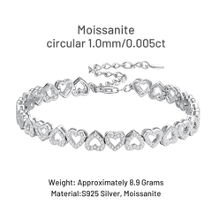 Silver heart-link bracelet with moissanite stones, shown on a white background with text specifying circular 1.0mm size, 8.