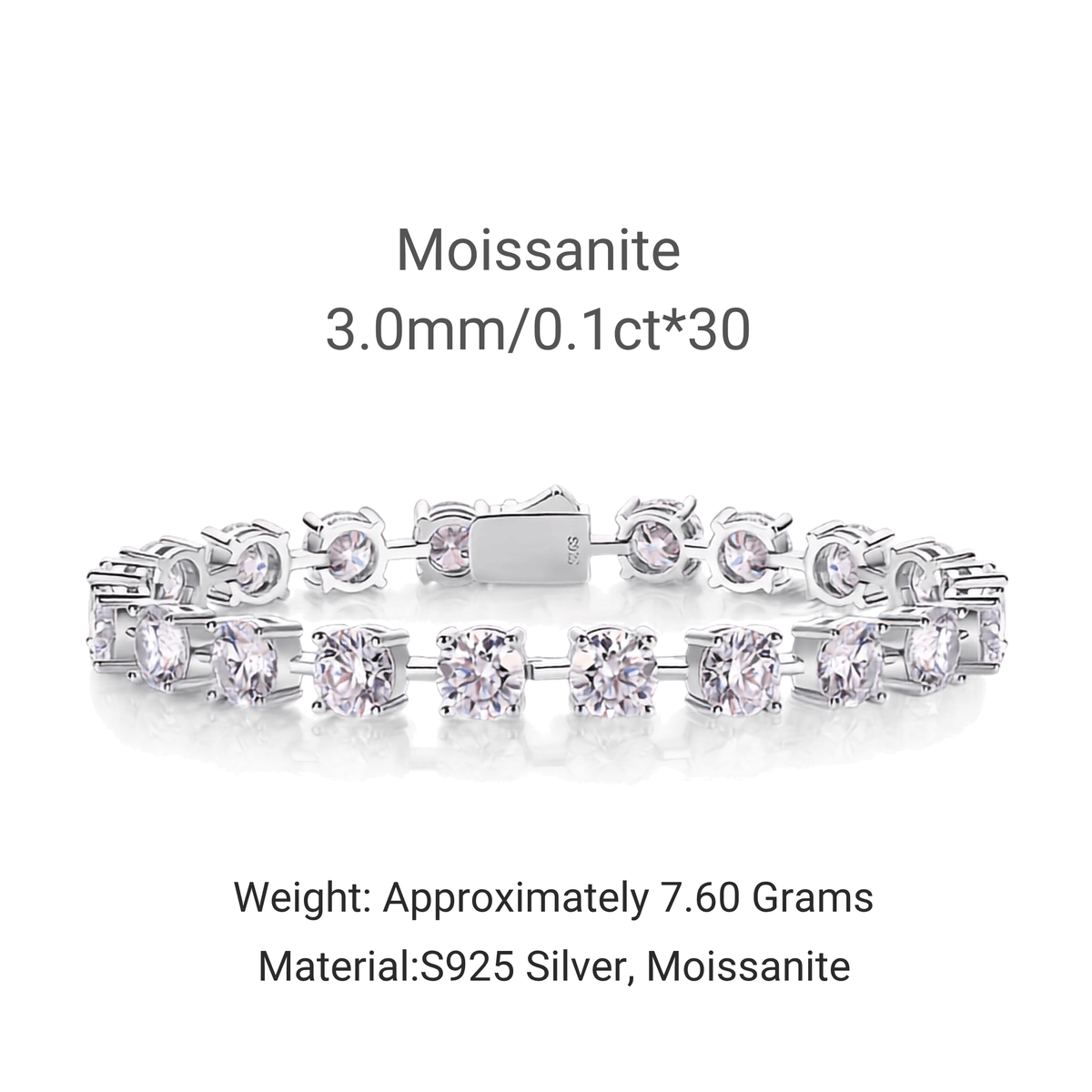A silver tennis bracelet with round moissanite stones, shown on a white background with text detailing its specifications: 'Moissanite 3.0mm/0.