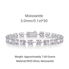 A silver tennis bracelet with round moissanite stones, shown on a white background with text detailing its specifications: 'Moissanite 3.0mm/0.