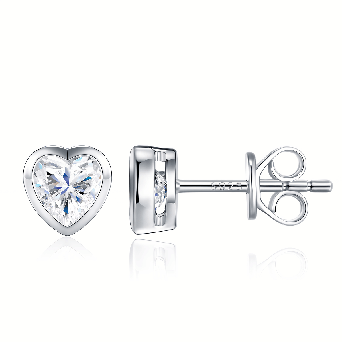 S925 Sterling Silver Heart-Cut Moissanite Stud Earrings — Bezel-Set Solitaire Hearts