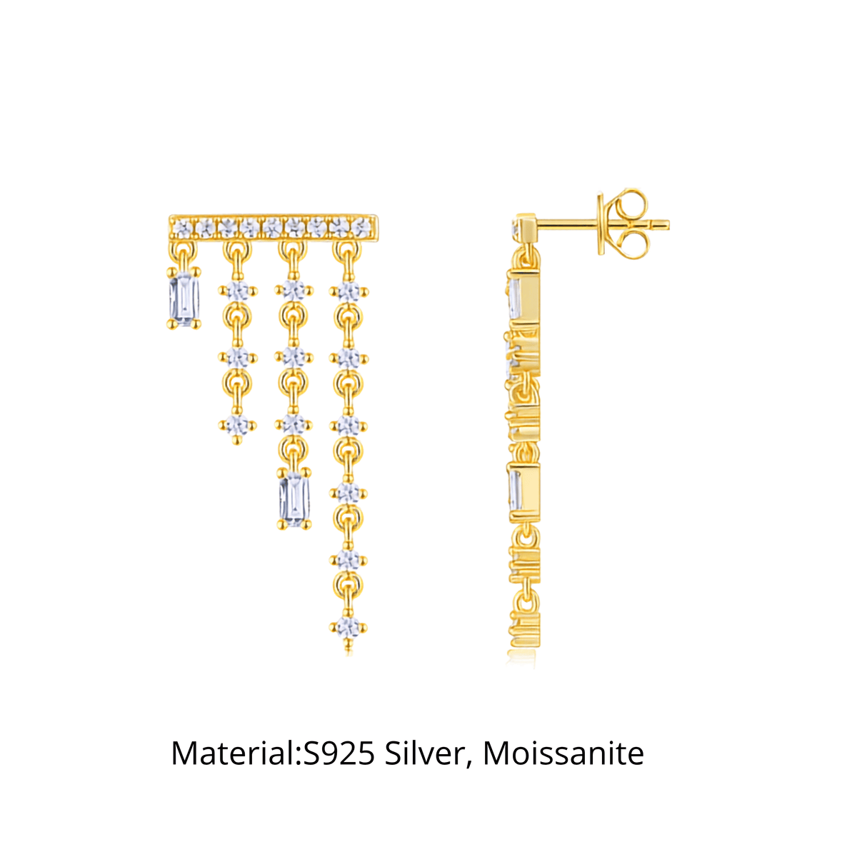 14K Gold Plated 925 Sterling Silver Moissanite Tassel Stud Earrings with Baguette Drops