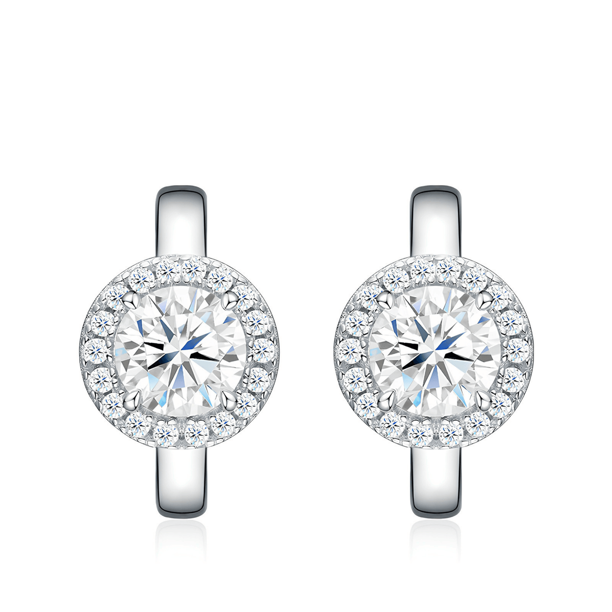 S925 Sterling Silver Halo Moissanite Huggie Hoop Earrings — 0.5 ct Round Center with Micro Round Accents