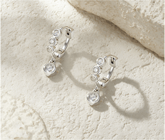 S925 Sterling Silver Bezel-Set Moissanite Dangle Huggie Hoop Earrings — Trio Stone Drop