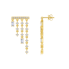 14K Gold Plated 925 Sterling Silver Moissanite Tassel Stud Earrings with Baguette Drops