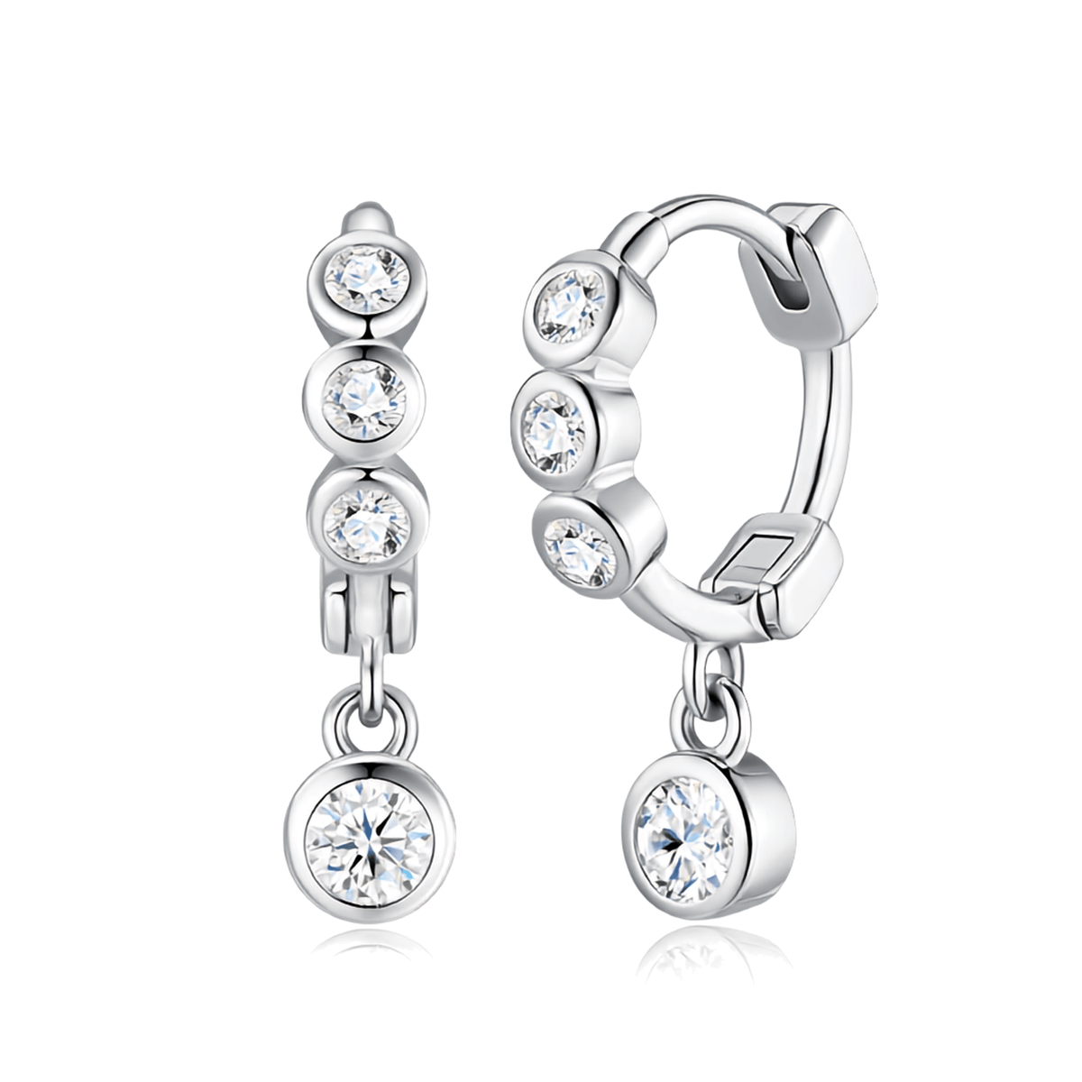 S925 Sterling Silver Bezel-Set Moissanite Dangle Huggie Hoop Earrings — Trio Stone Drop