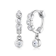 S925 Sterling Silver Bezel-Set Moissanite Dangle Huggie Hoop Earrings — Trio Stone Drop