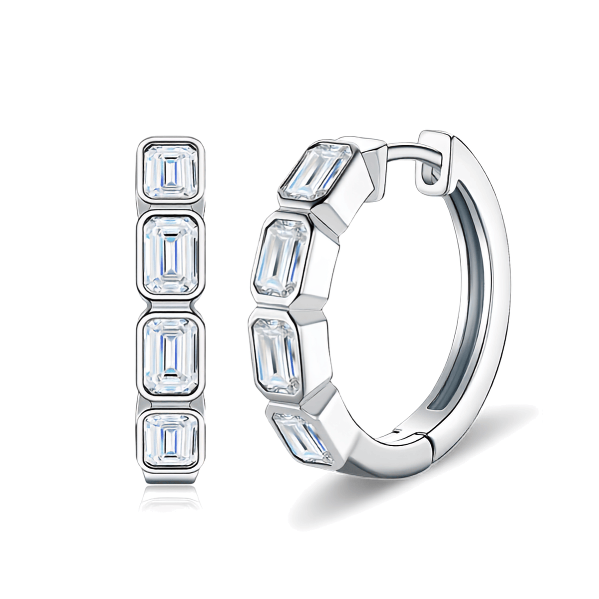S925 Sterling Silver Baguette Moissanite Huggie Hoop Earrings — Bezel-Set Station Sparkle