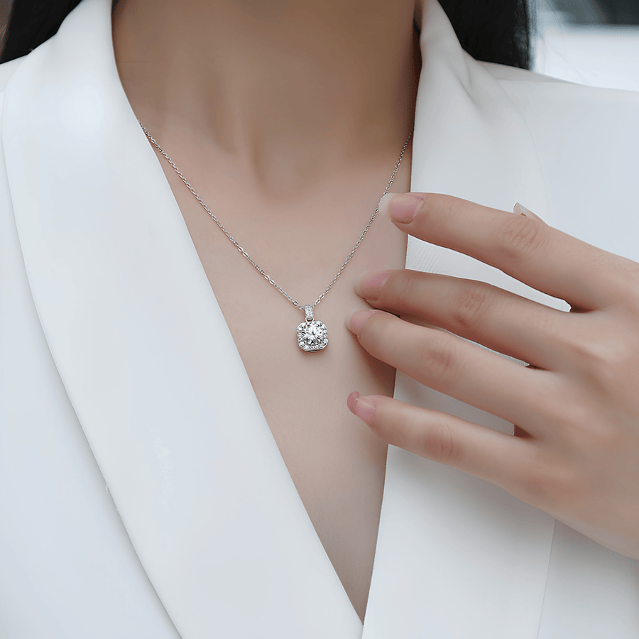 Moissanite Halo Pendant Necklace – S925 Sterling Silver
