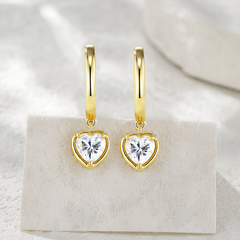 14K Gold Plated 925 Sterling Silver 1ct Heart Moissanite Huggie Drop Earrings