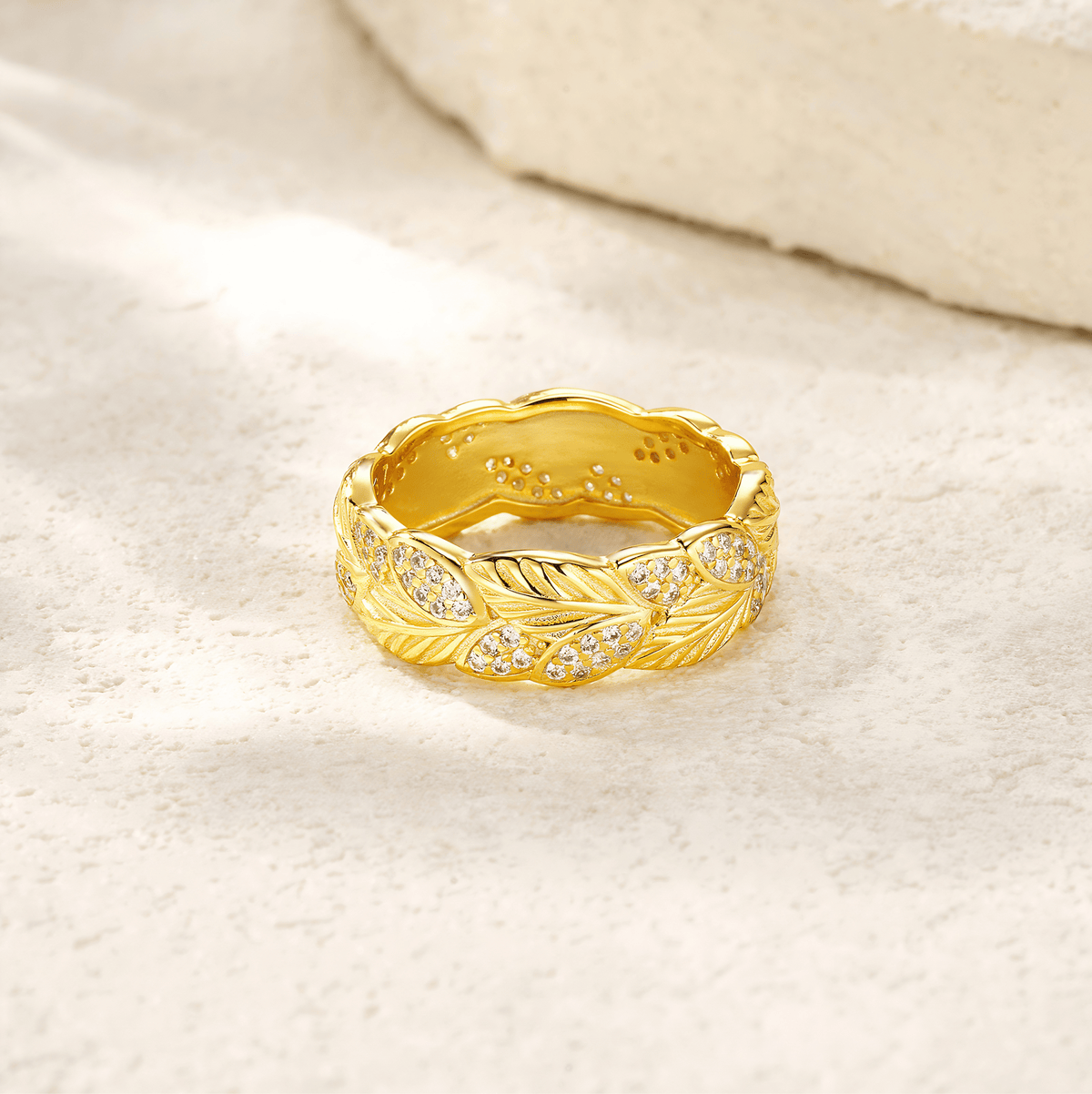 18K Gold Plated Moissanite Ring – 925 Sterling Silver Leaf Band