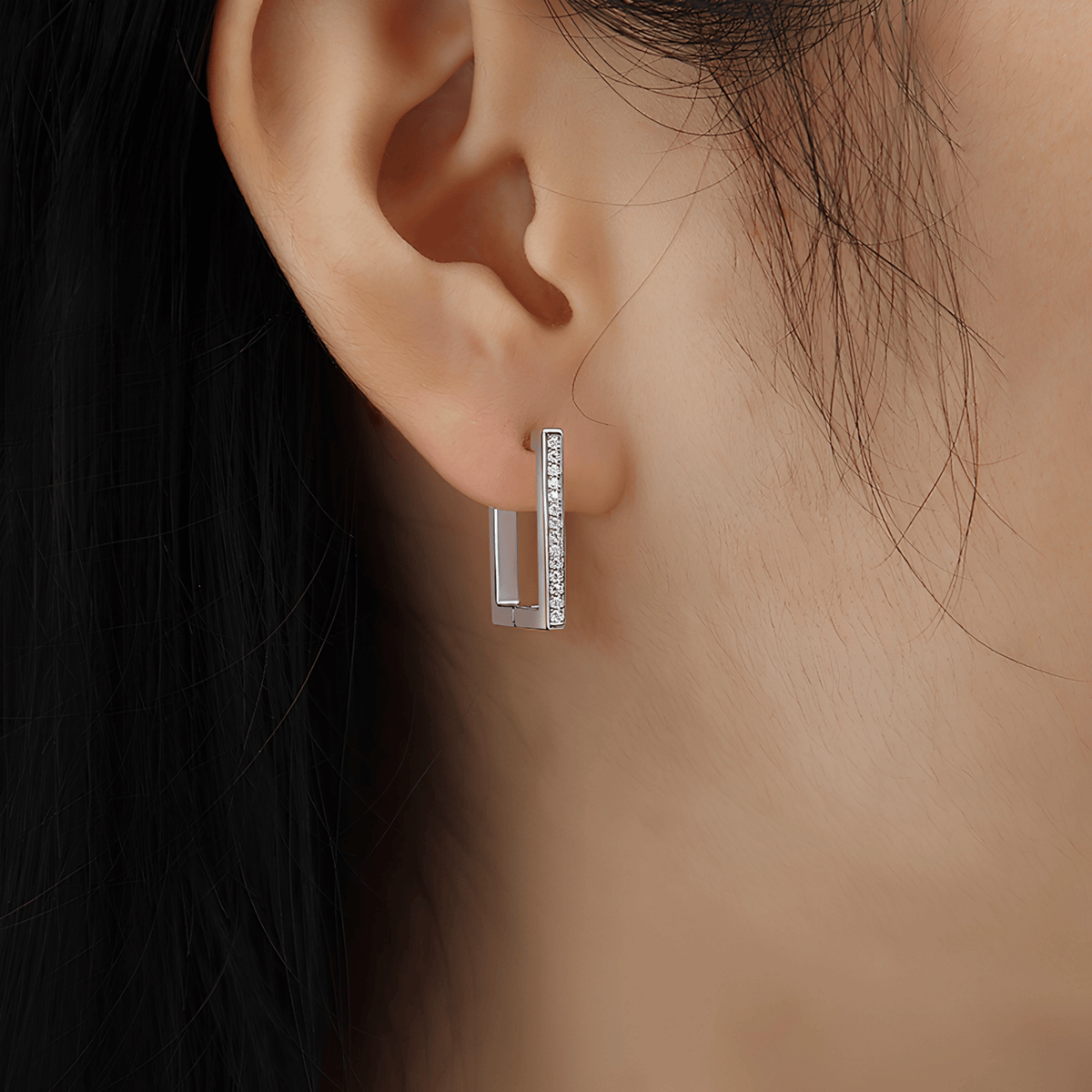 S925 Sterling Silver Rectangular Moissanite Huggie Hoop Earrings — Micro Pavé Sparkle