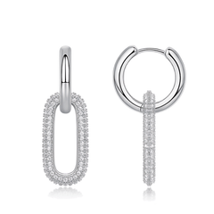 S925 Sterling Silver Moissanite Pavé Link Drop Hoop Earrings — Paperclip Dangle Design