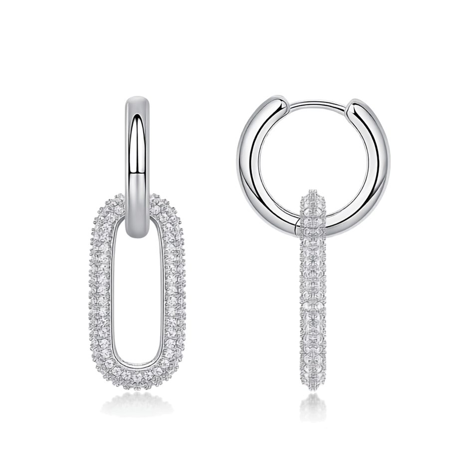 S925 Sterling Silver Moissanite Pavé Link Drop Hoop Earrings — Paperclip Dangle Design