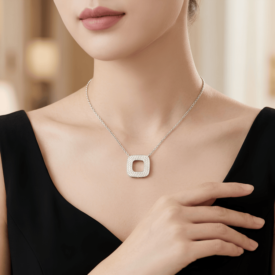 Moissanite Pavé Rounded Square Frame Necklace in S925 Sterling Silver