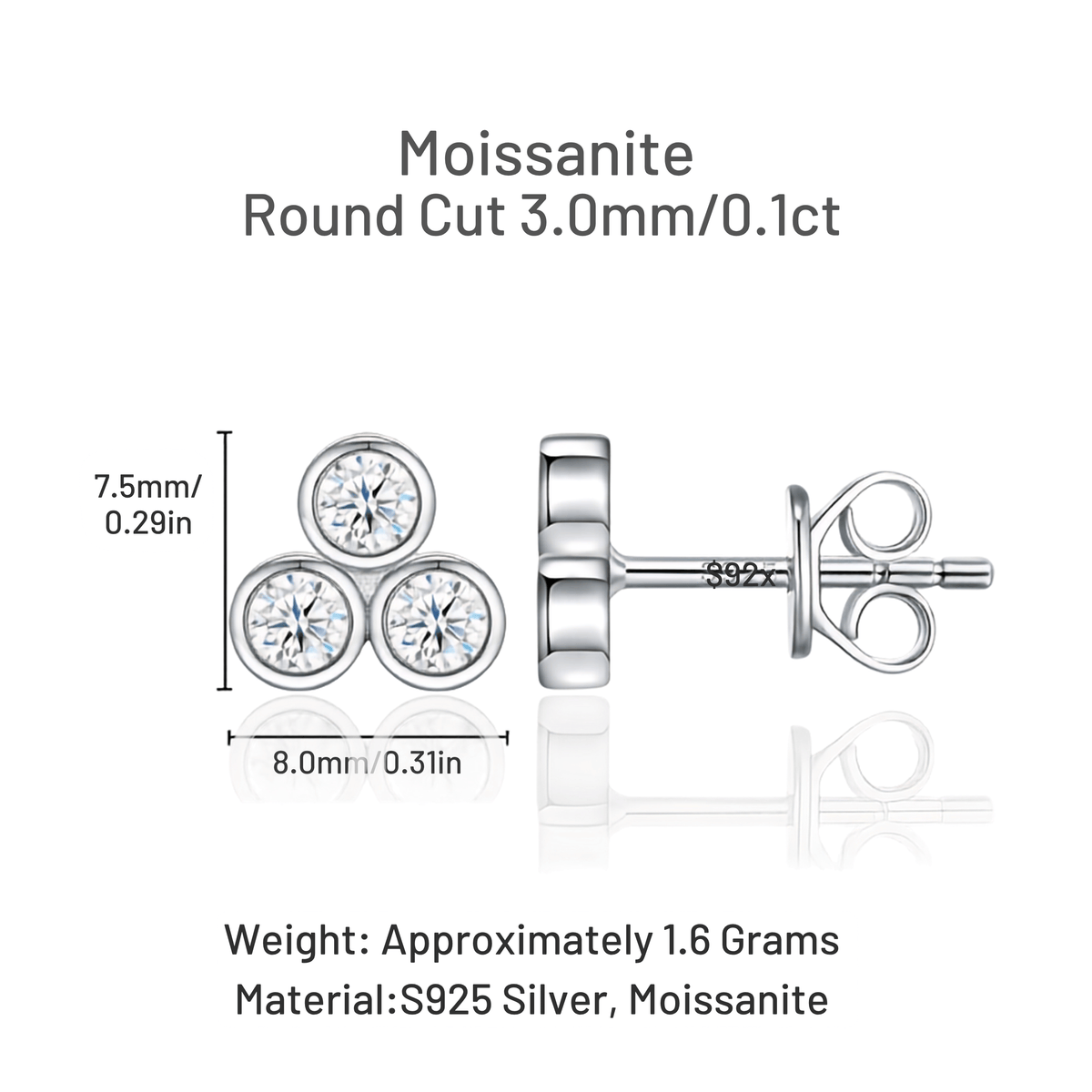 S925 Sterling Silver Triple Bezel Moissanite Cluster Stud Earrings — 3.0mm Round Cut (0.1 ct)