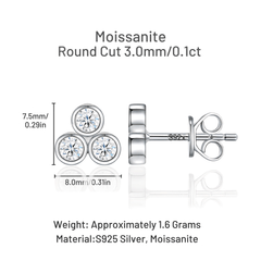 S925 Sterling Silver Triple Bezel Moissanite Cluster Stud Earrings — 3.0mm Round Cut (0.1 ct)