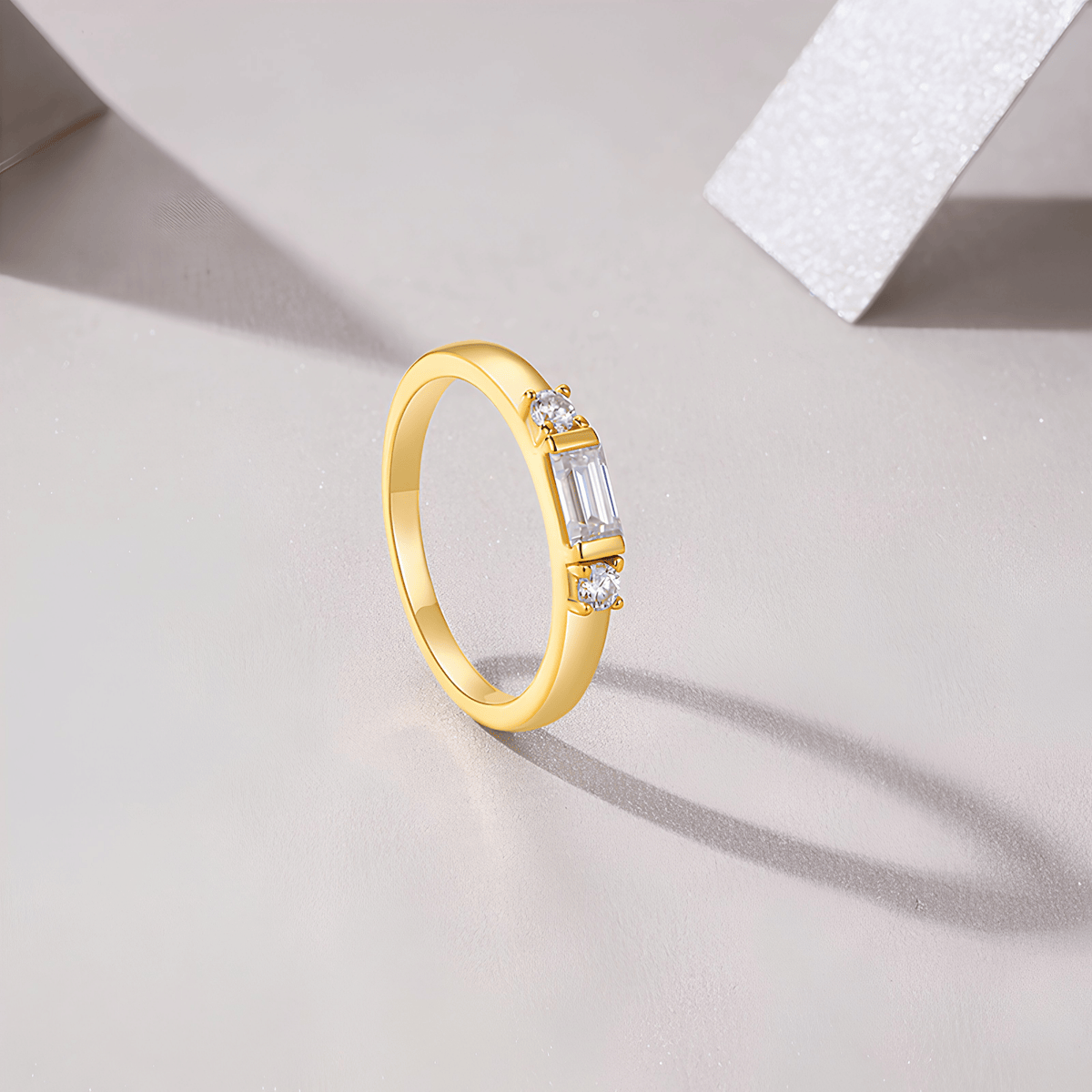 18K Gold Plated Moissanite Ring 925 Silver | Baguette Three Stone Stackable Band