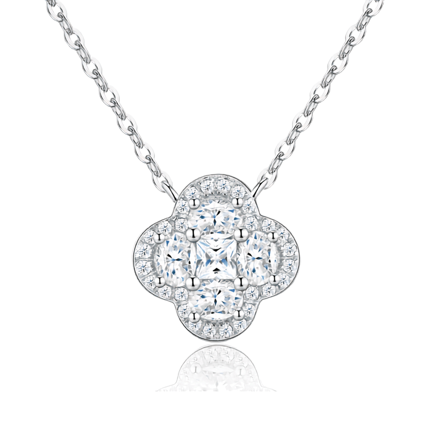 Moissanite Quatrefoil Cluster Halo Necklace in S925 Sterling Silver