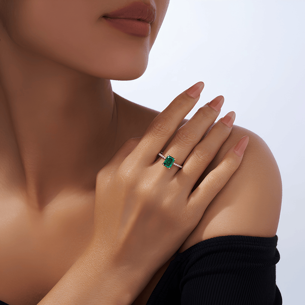 18K Gold Plated 925 Sterling Silver Emerald-Cut Green Moissanite Ring | Authentic Moissanite Pavé Engagement Ring + Certificate