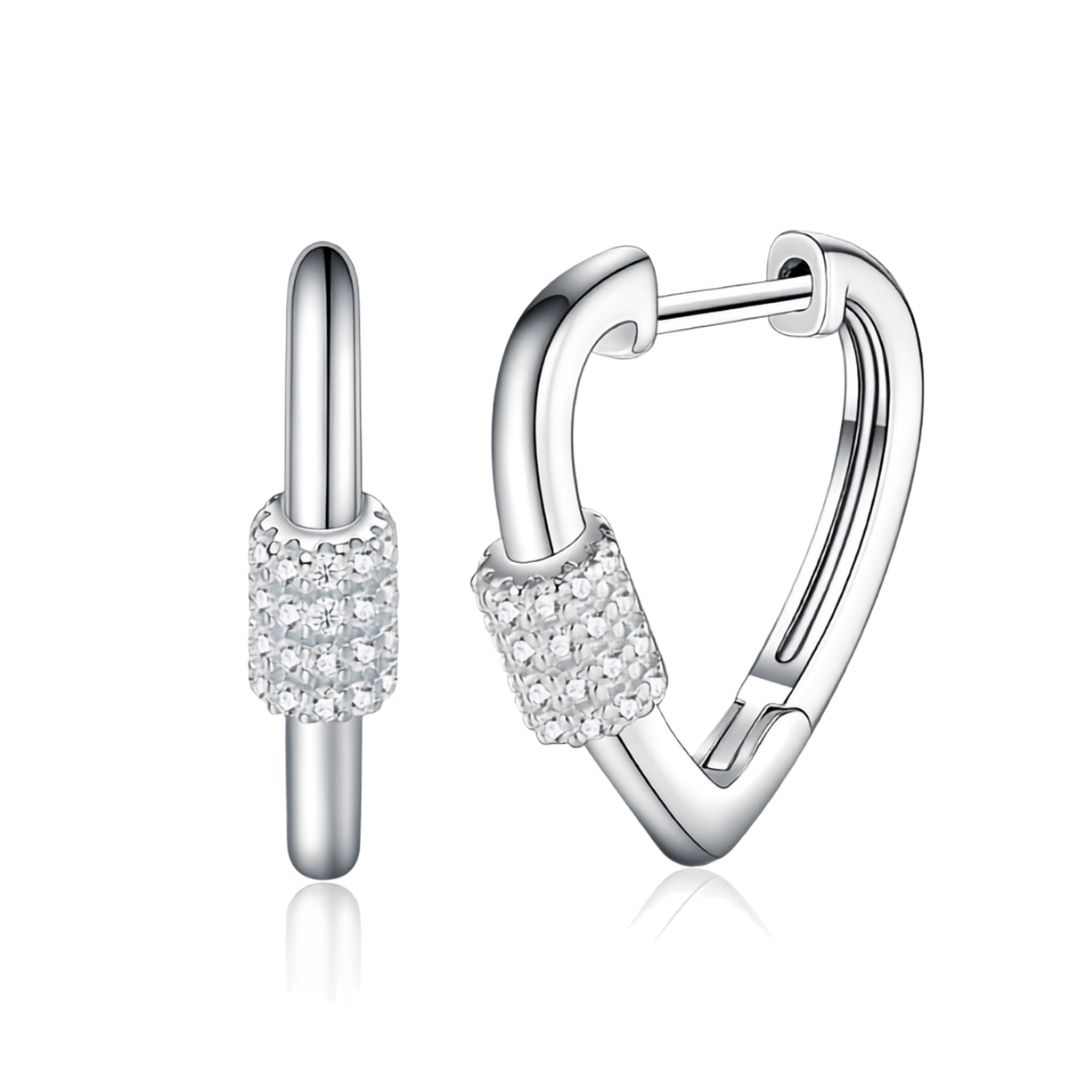 S925 Sterling Silver Heart Hoop Earrings with Pavé Moissanite Barrel Accent — Hinged Clasp