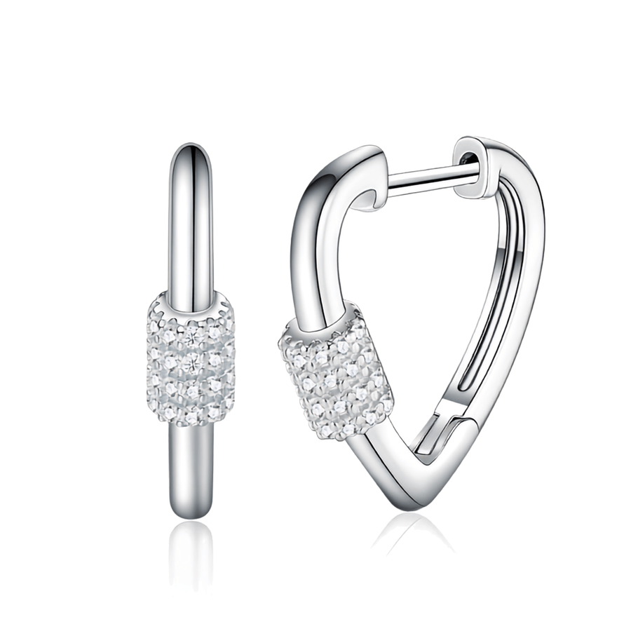 S925 Sterling Silver Heart Hoop Earrings with Pavé Moissanite Barrel Accent — Hinged Clasp