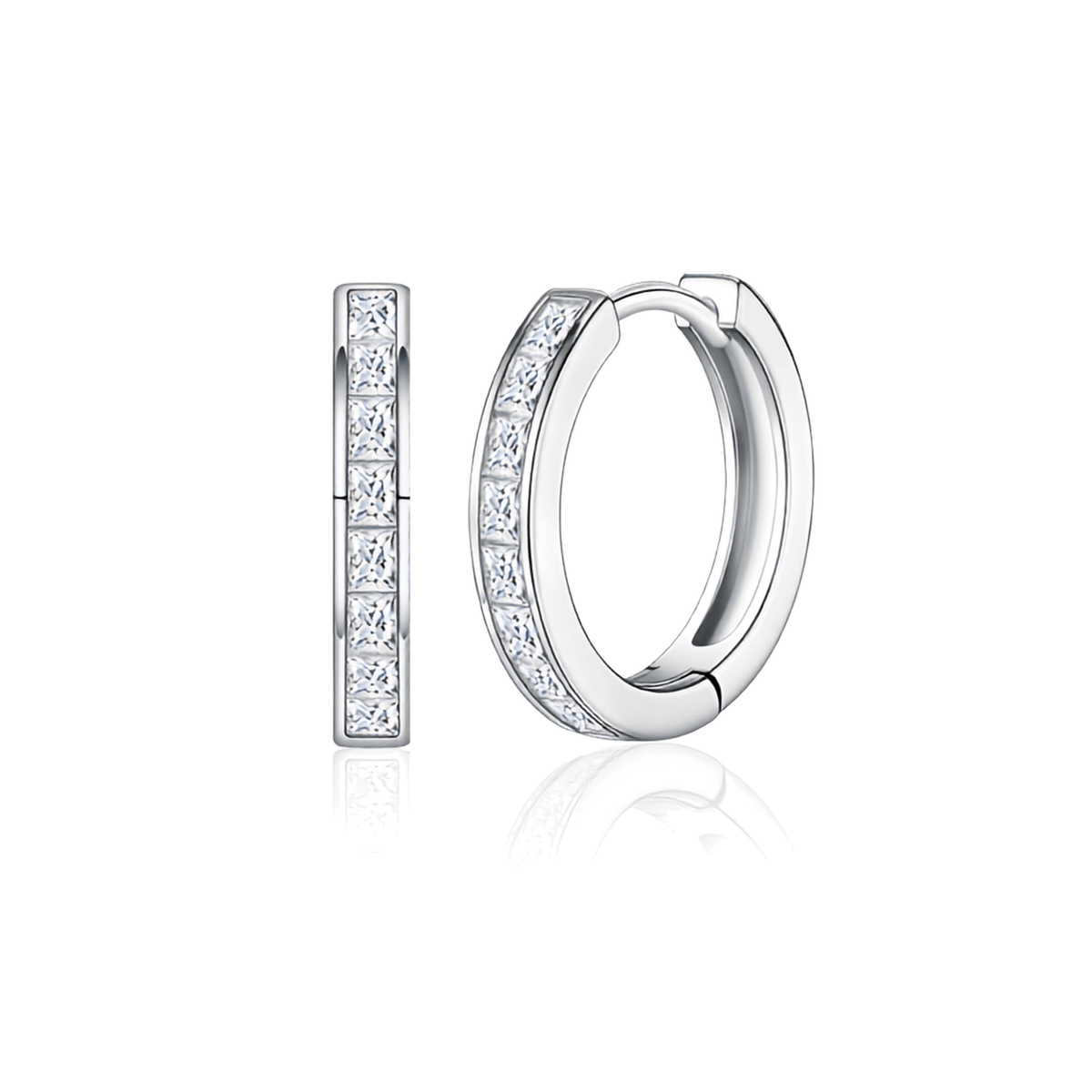 S925 Sterling Silver Princess-Cut Moissanite Huggie Hoop Earrings — Square Channel-Set Sparkle