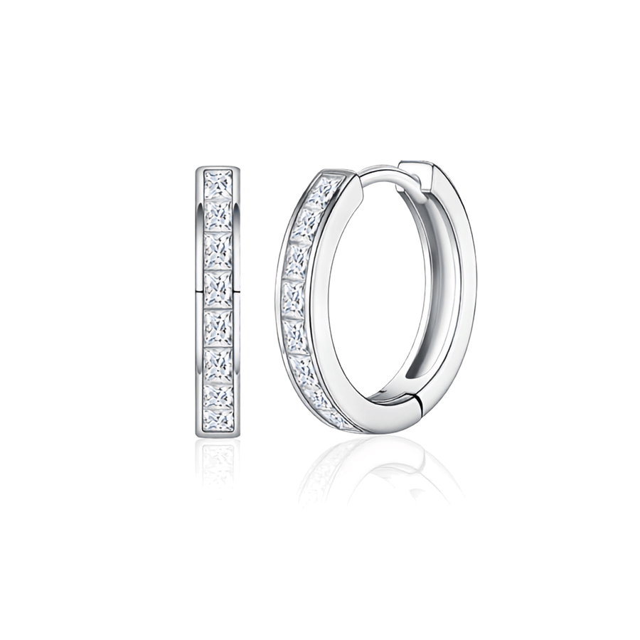 S925 Sterling Silver Princess-Cut Moissanite Huggie Hoop Earrings — Square Channel-Set Sparkle