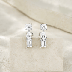 925 Sterling Silver Moissanite Three Stone Bar Stud Earrings — Round, Pear & Emerald Cut