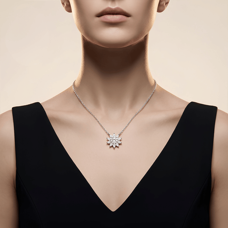 Authentic All-Moissanite Sunburst Floral Cluster Necklace in S925 Sterling Silver