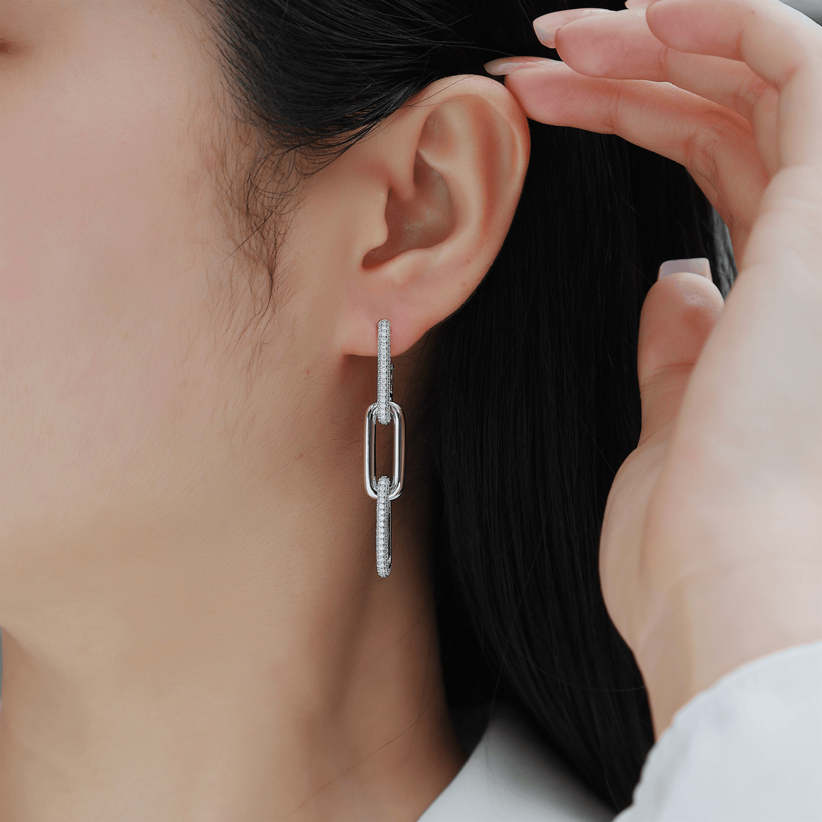 S925 Sterling Silver Moissanite Paperclip Link Drop Earrings — Pavé Linear Dangle