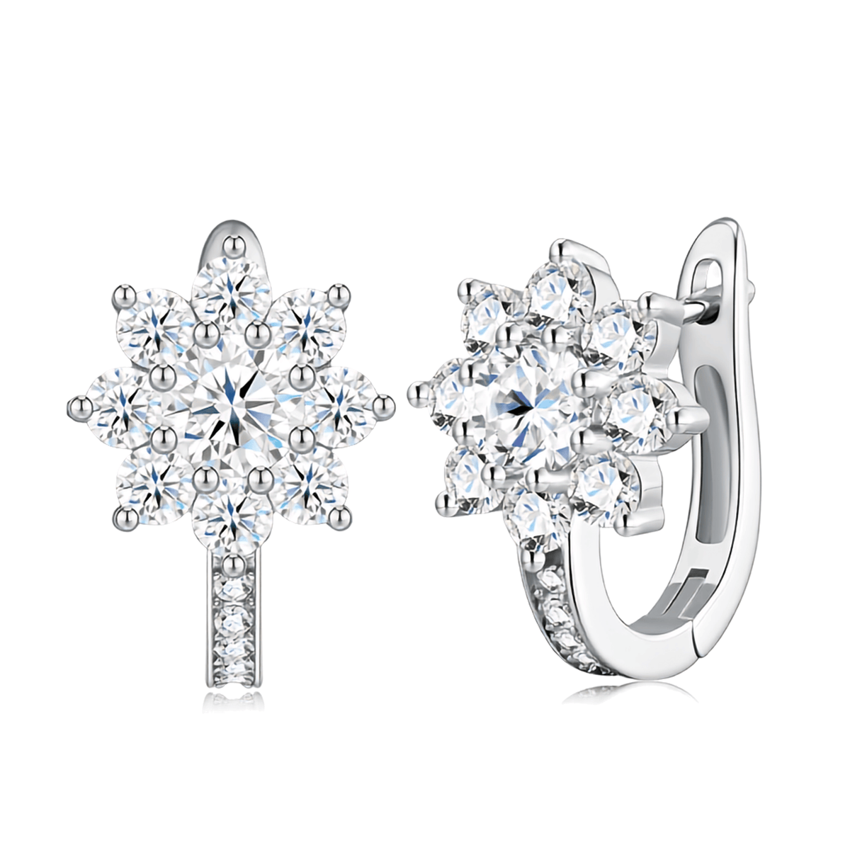 S925 Sterling Silver Moissanite Floral Cluster Huggie Hoop Earrings — Pavé Sparkle Drop