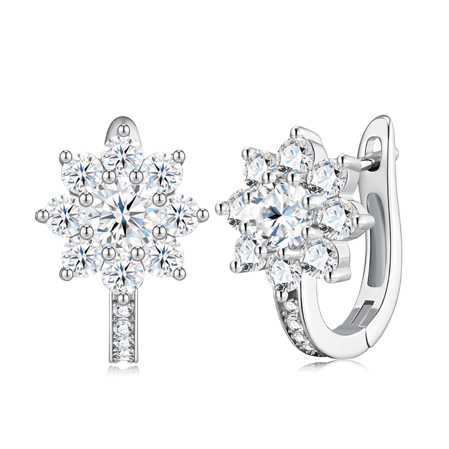 S925 Sterling Silver Moissanite Floral Cluster Huggie Hoop Earrings — Pavé Sparkle Drop