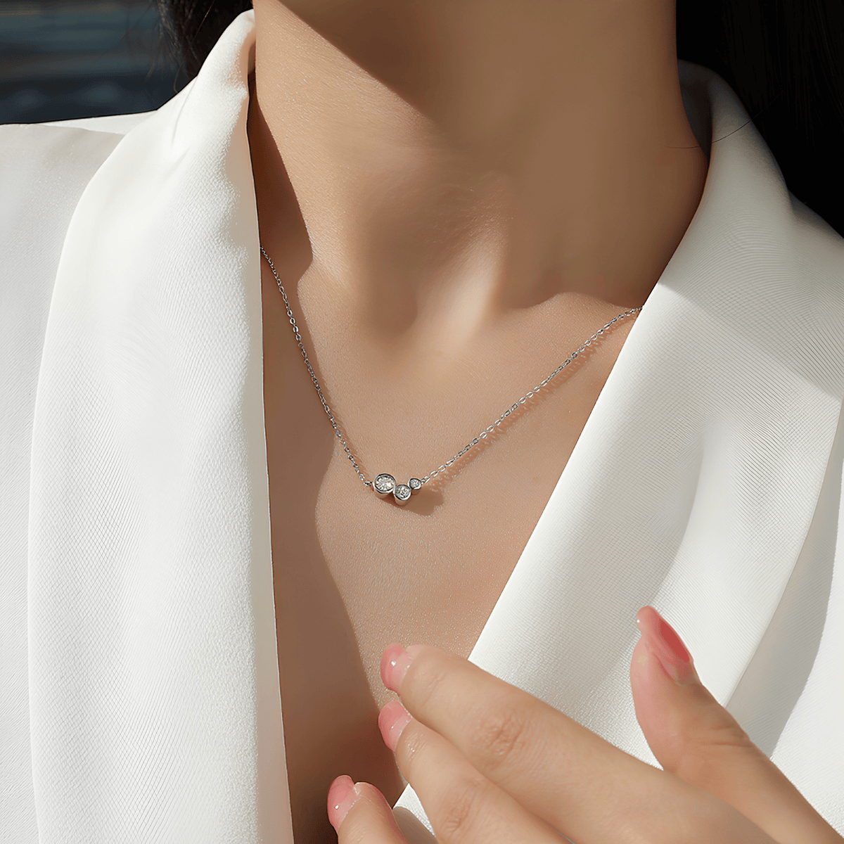 Sterling Silver Three-Stone Bezel Moissanite Necklace