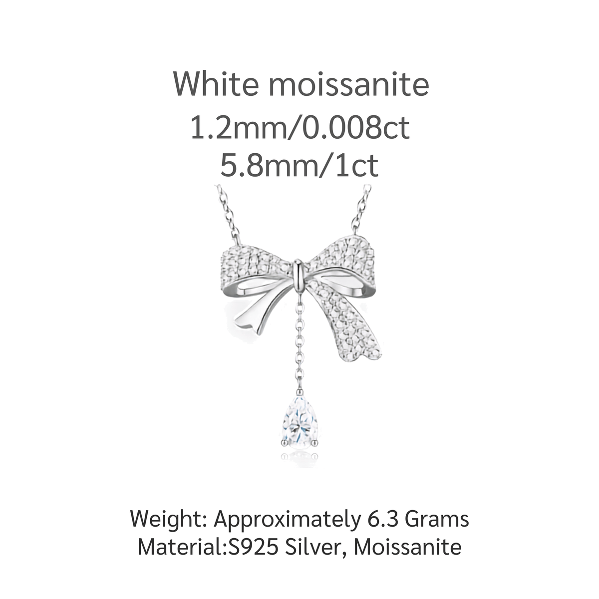 Moissanite Bow Necklace with Pear Drop – S925 Sterling Silver