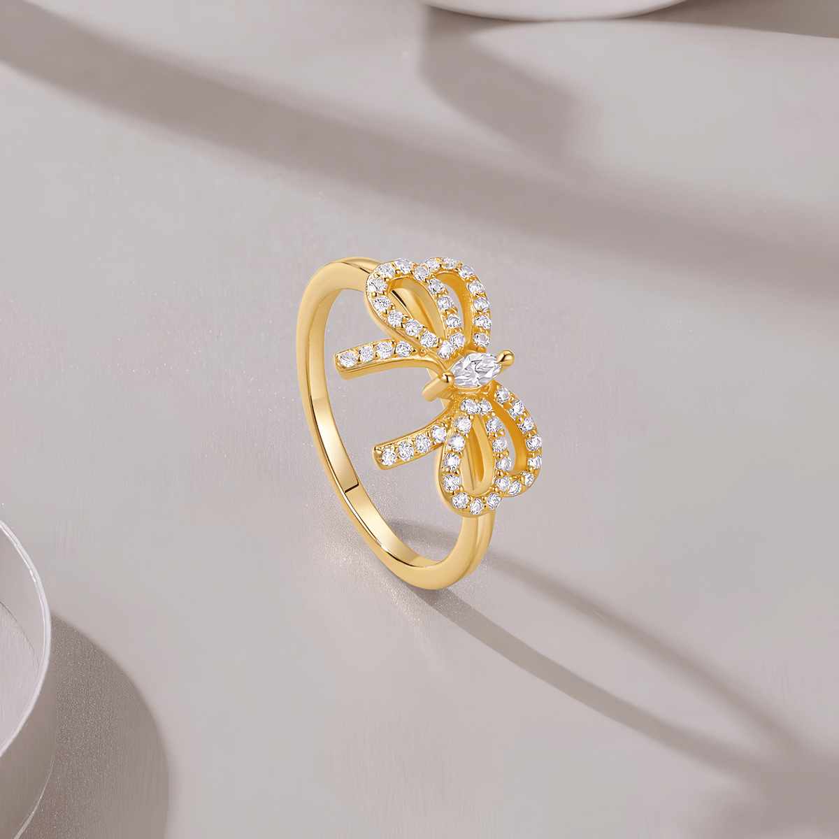 Bow Ring — Moissanite Ribbon Ring, 18K Gold Plated Sterling Silver