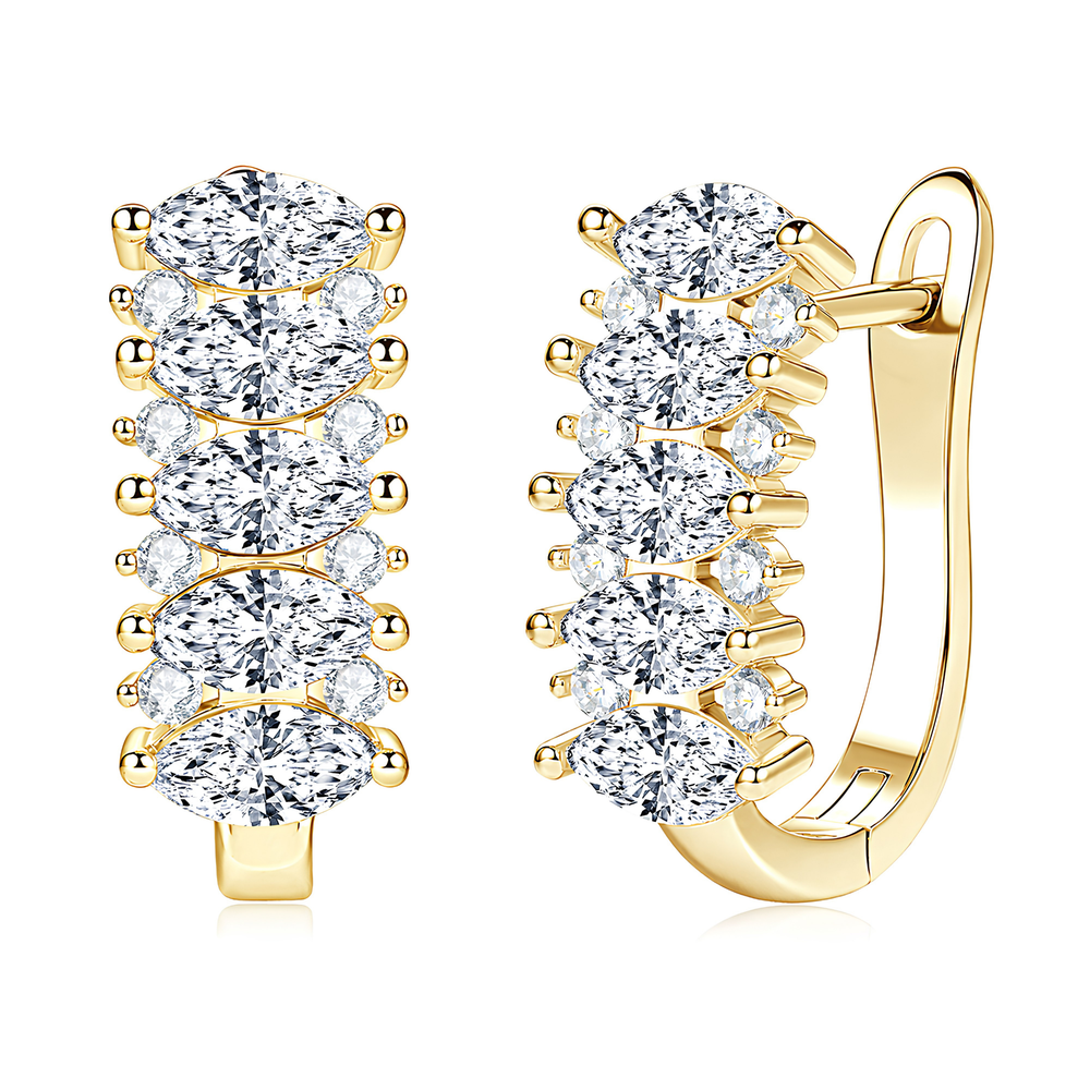 A pair of gold huggie hoop earrings with a vertical stack of oval-cut clear gemstones, shown on a clean white background with one earring facing forward and the other at an angle to show the hinge.