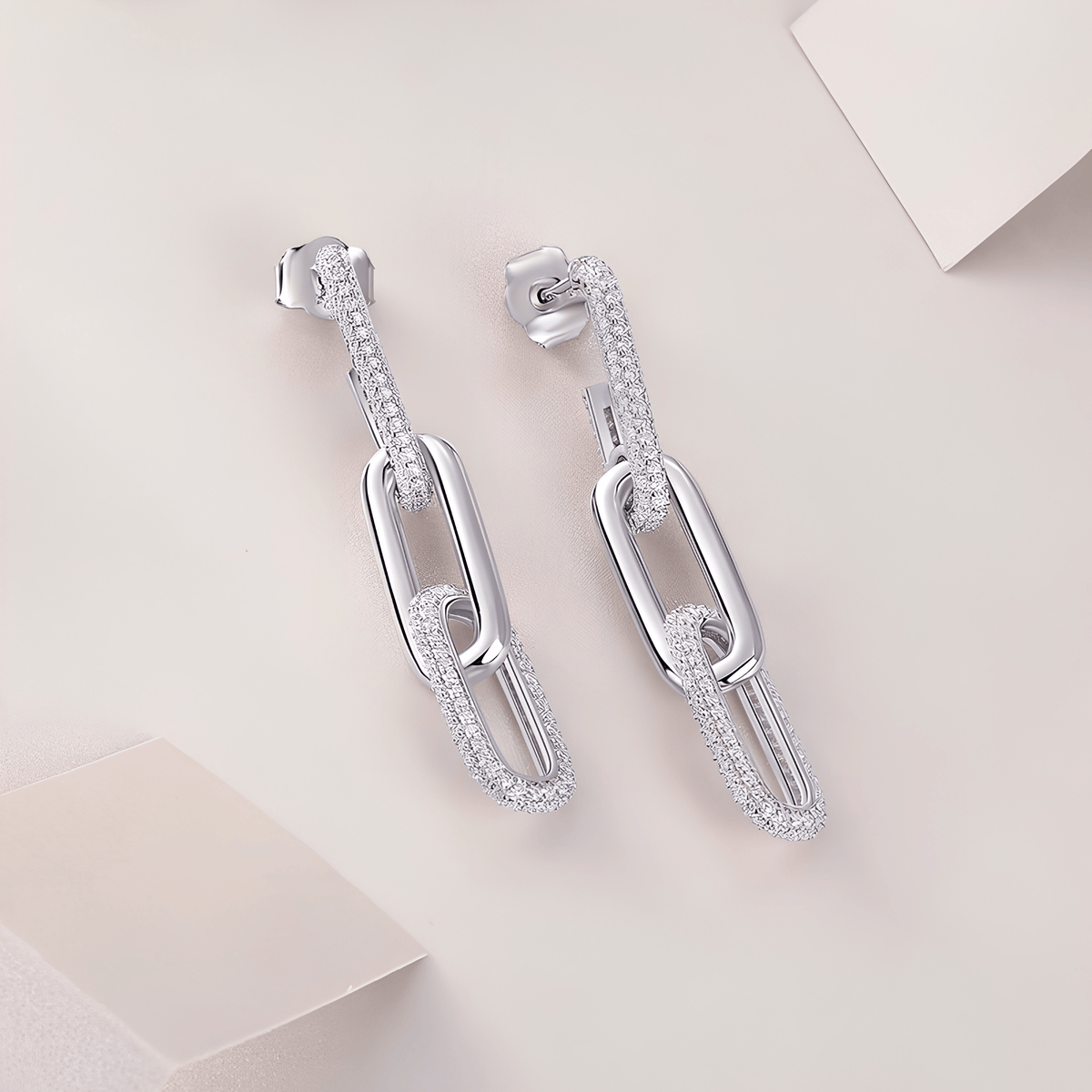 S925 Sterling Silver Moissanite Paperclip Link Drop Earrings — Pavé Linear Dangle