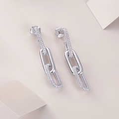 S925 Sterling Silver Moissanite Paperclip Link Drop Earrings — Pavé Linear Dangle