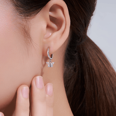 S925 Sterling Silver Moissanite Butterfly Drop Huggie Hoop Earrings — Marquise & Round Cut