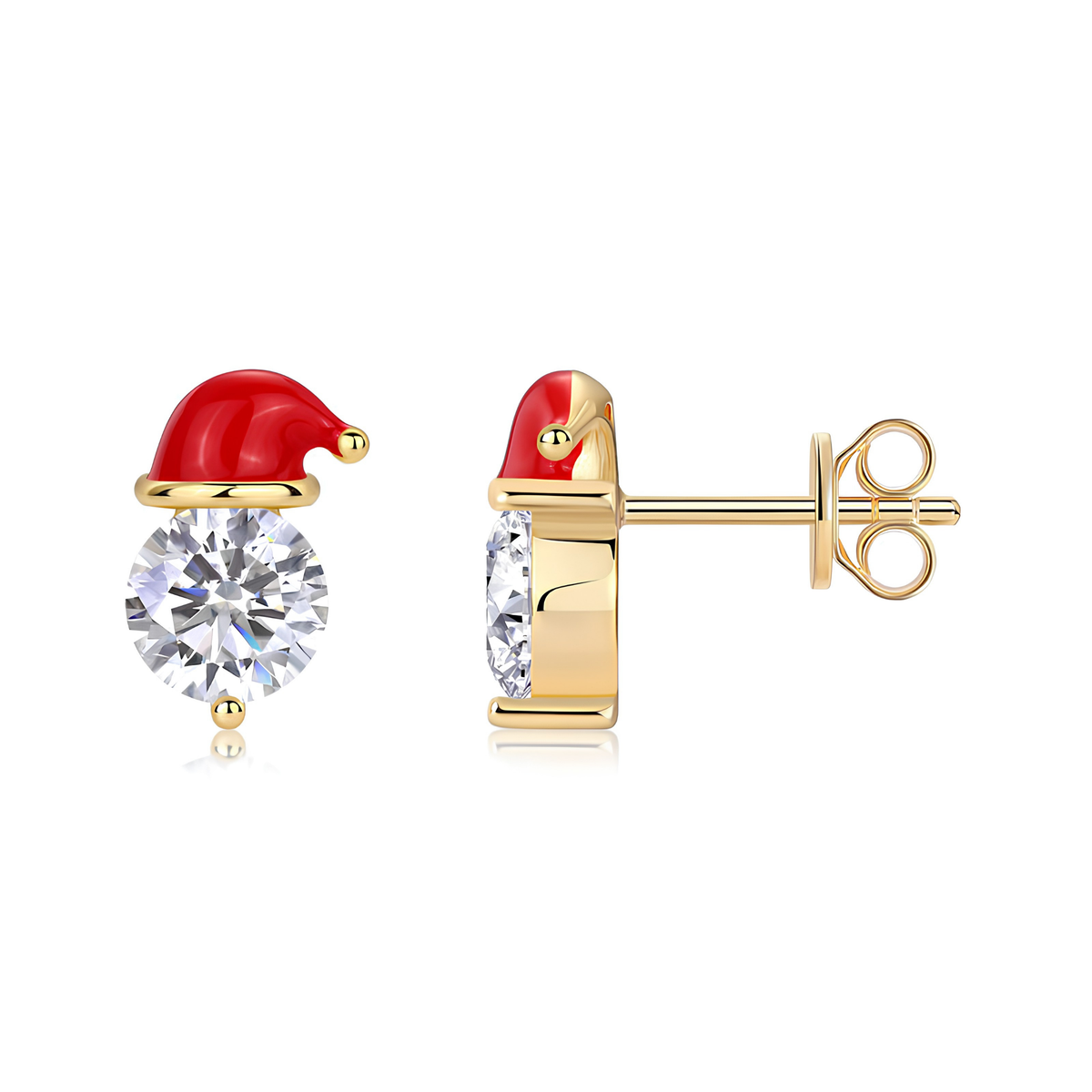 14K Gold Plated 925 Sterling Silver Santa Hat Moissanite Stud Earrings, 6.5mm Round (Pair)