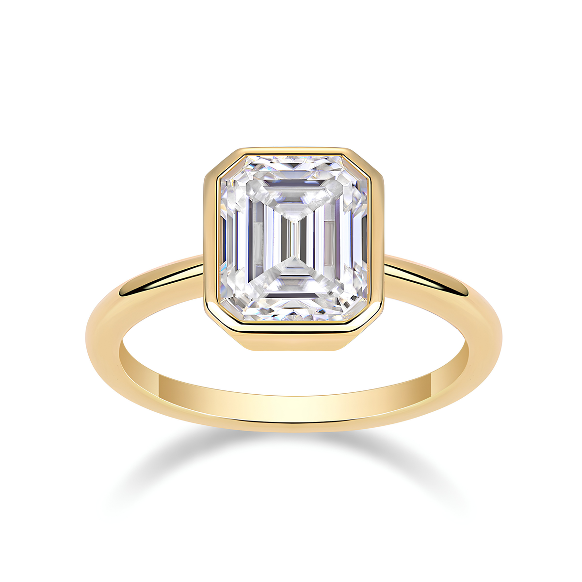 18K Gold Plated Emerald Cut Moissanite Solitaire Ring 925 Silver | Bezel Set Engagement Ring