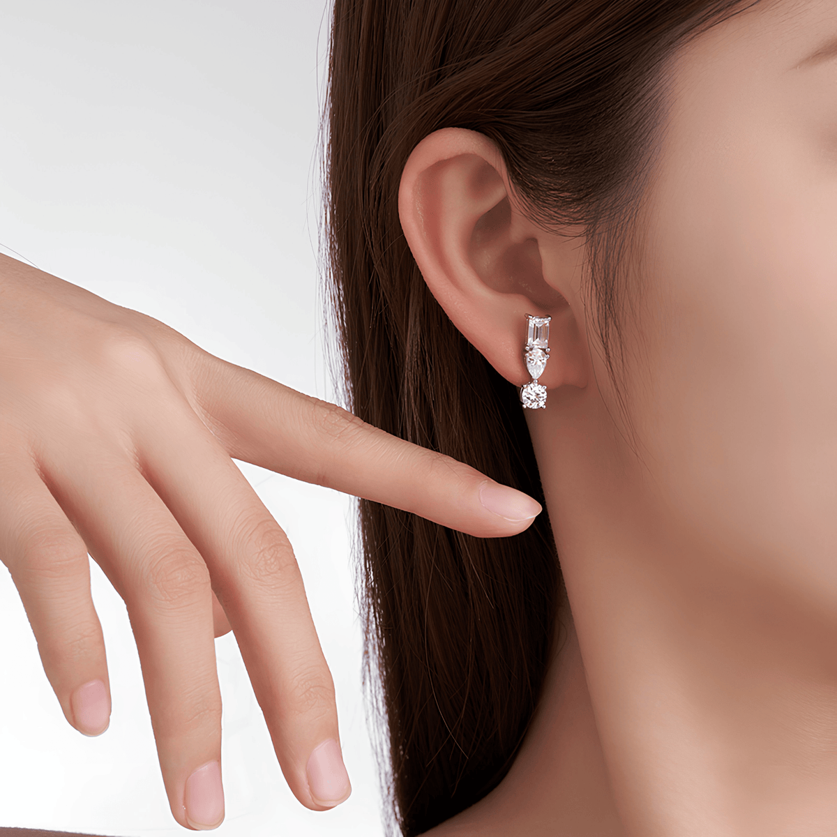 925 Sterling Silver Moissanite Three Stone Bar Stud Earrings — Round, Pear & Emerald Cut