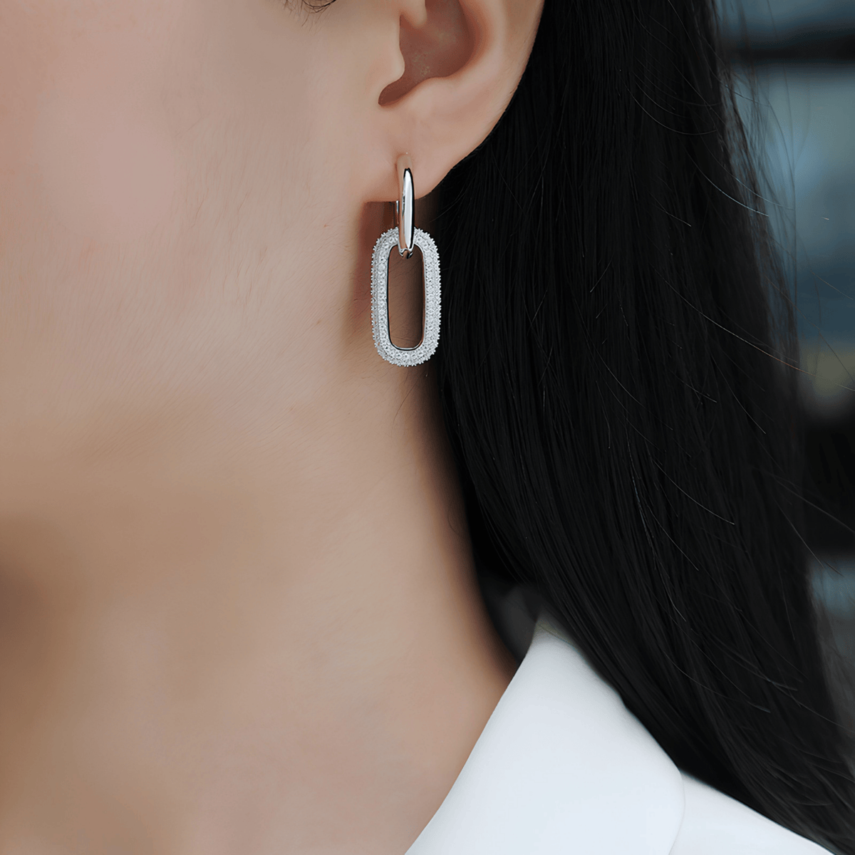 S925 Sterling Silver Moissanite Pavé Link Drop Hoop Earrings — Paperclip Dangle Design