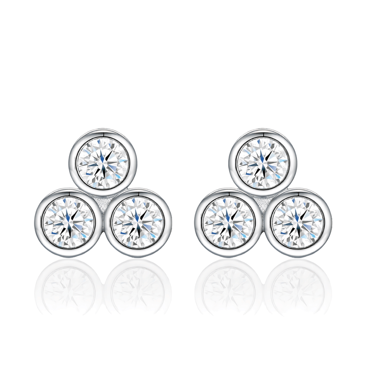 S925 Sterling Silver Triple Bezel Moissanite Cluster Stud Earrings — 3.0mm Round Cut (0.1 ct)