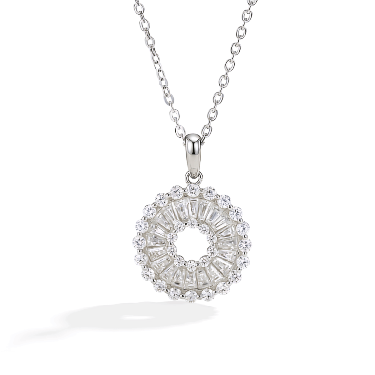 Sterling Silver Sunburst Mosaic Circle Moissanite Pendant Necklace