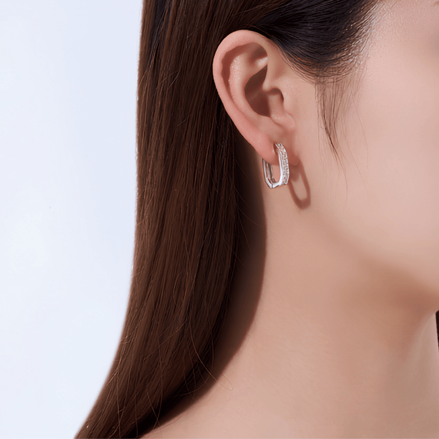 S925 Sterling Silver Geometric Moissanite Huggie Hoop Earrings — Round Cut Pavé Front