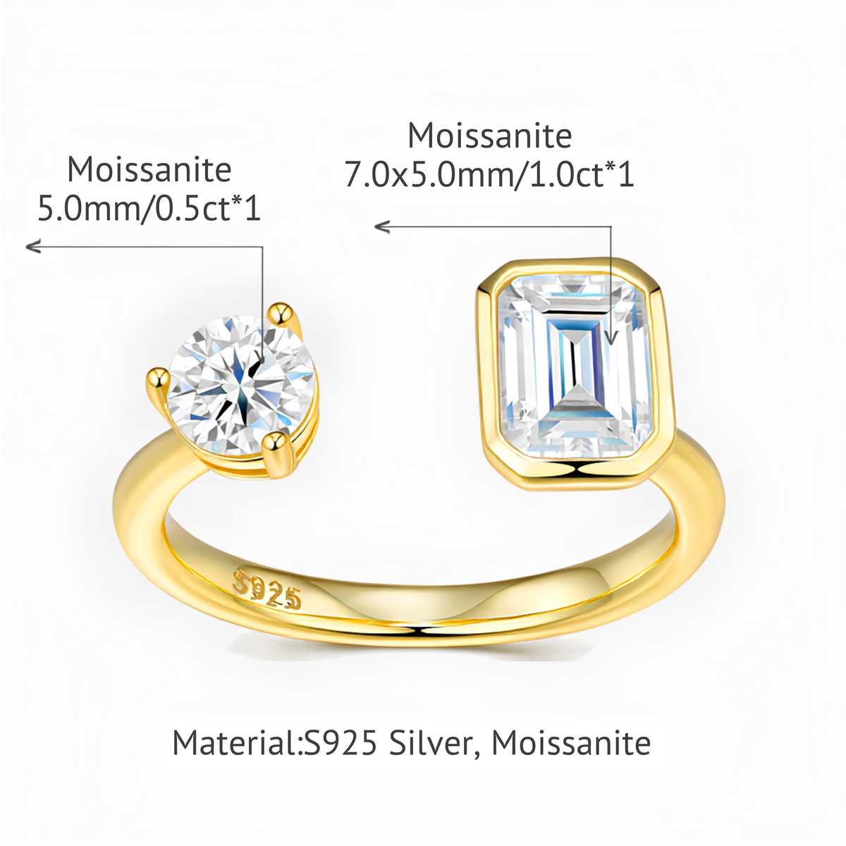 Adjustable Moissanite Ring 18K Gold Plated Sterling Silver 925