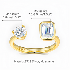 Adjustable Moissanite Ring 18K Gold Plated Sterling Silver 925